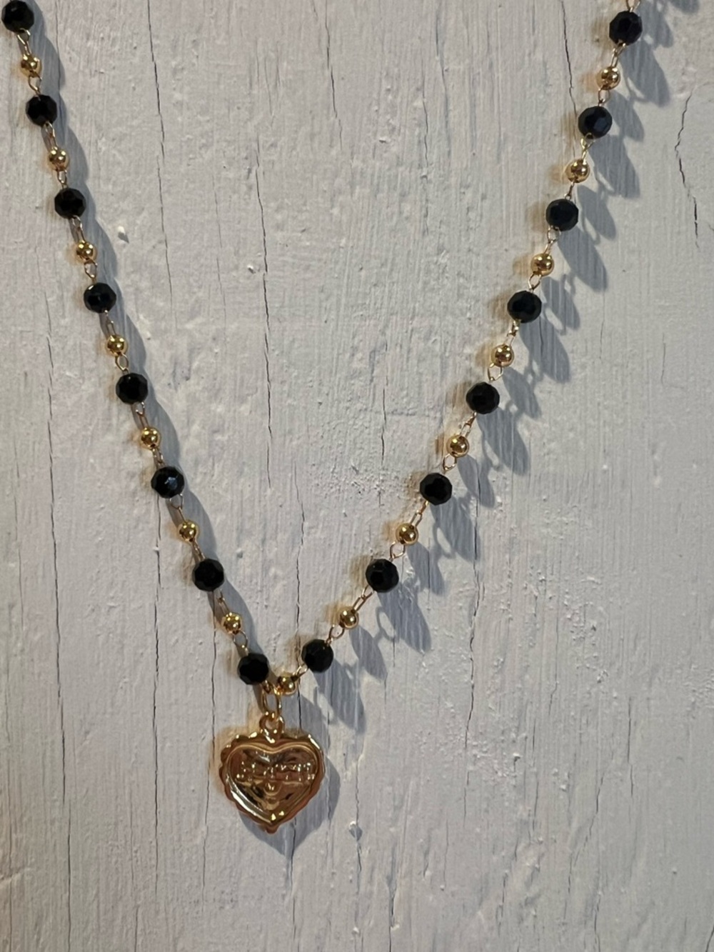Gold and Black Beaded Heart Pendant Necklace - Women Jewelry